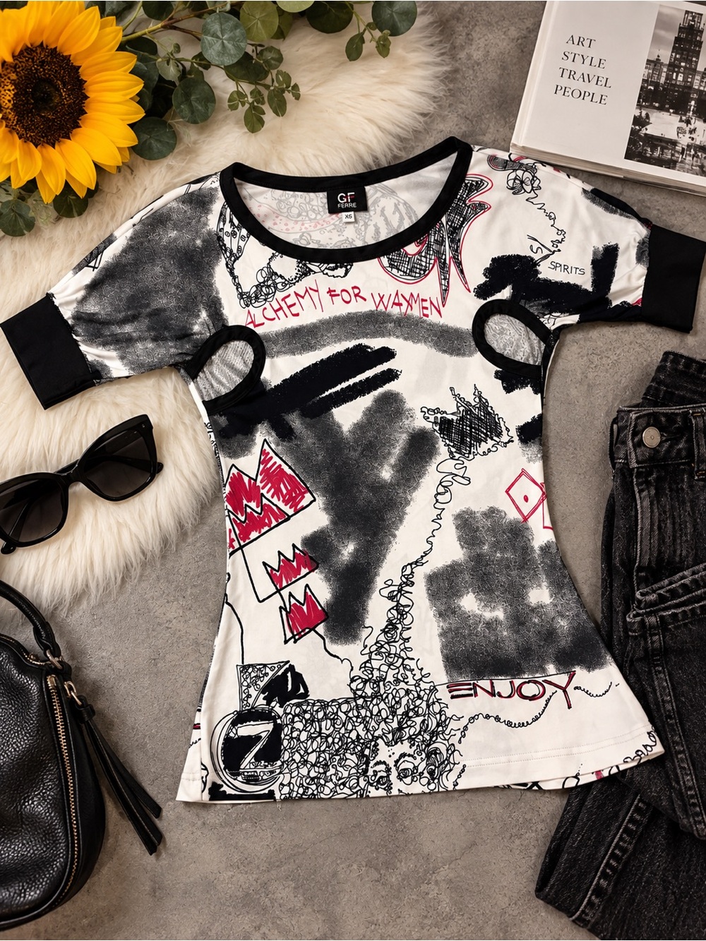 GF Ferré Graphic T-Shirt | Abstract Art | Cutout Detail | XS